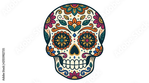 Traditional Mexican calavera sugar skull with colorful floral ornaments for Day of the Dead