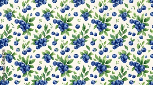 Seamless Pattern of Watercolor Blueberries and Green Leaves.