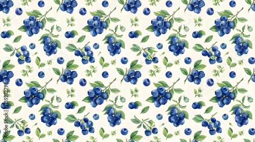 Seamless pattern with watercolor blueberries and green leaves on a light background.