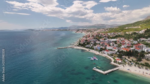 Wide Aerial Panorama Of Podstrana Coast Toward Split, Croatia