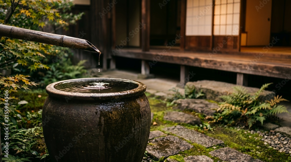Fototapeta premium Serene Zen Japanese Garden with Bamboo Water Feature, Stone Basin, and Autumn Leaves.