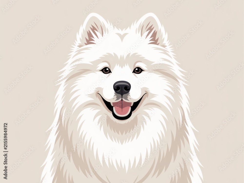 Fototapeta premium Fluffy white dog with smiling face and pink tongue