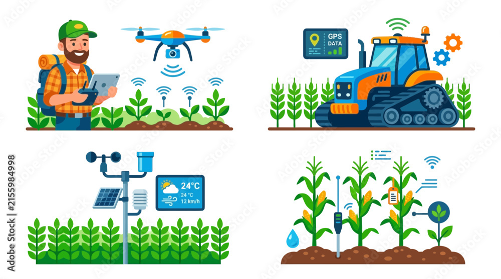 Fototapeta premium Farmer utilizes modern technology, including a drone, smart tractor, weather station, and sensors, to monitor and manage crop growth in various agricultural scenarios.