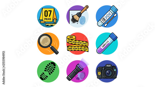 A grid of circular icons illustrates forensic science tools, including an evidence marker, fingerprint powder, a DNA swab, and a magnifying glass, representing key components of criminal.