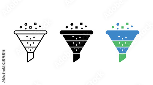 Data filtering funnel icon set in multiple styles with business marketing analysis
