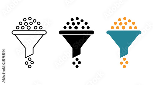 Funnel filter icon set representing data filtering with particles analysis marketing