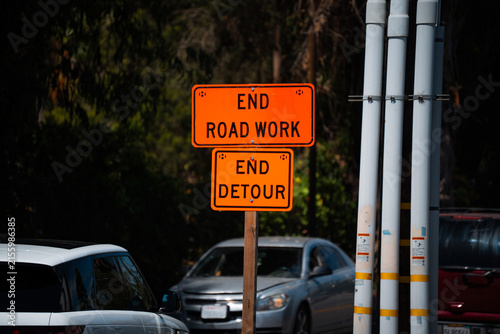 Canvastavla End road work and detour signs signal completion of construction zone ahead