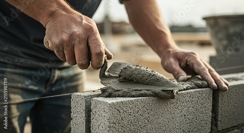 Worker applying a thick layer of mortar to concrete blocks with a trowel.Concept of construction work and skilled masonry.
