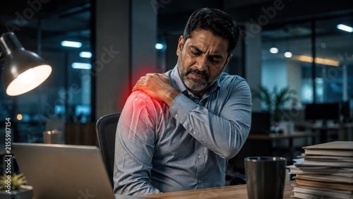 Mature businessman experiencing acute shoulder pain with red skeletal inflammation highlight at desk.