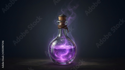 Mystical glowing purple potion bottle with swirling smoke and magical elixir on dark wood