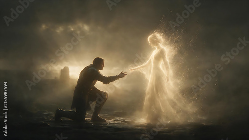 Man Reaching Toward Glowing Spirit Figure