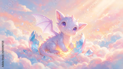 Baby Dragon Resting on Clouds with Crystals