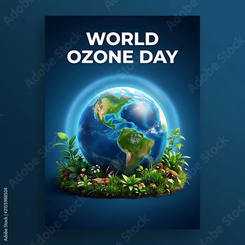 World ozone day poster featuring a vibrant earth globe surrounded by lush greenery and flowers against a deep blue background, symbolizing environmental protection