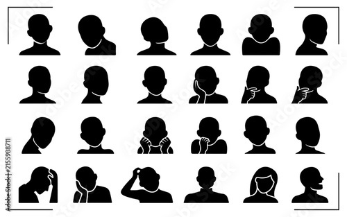 Collection of black human silhouette icons showing different face emotions moods and expressions set.