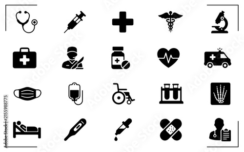 Medical icons set with healthcare symbols for hospital equipment and pharmacy clinical supplies.