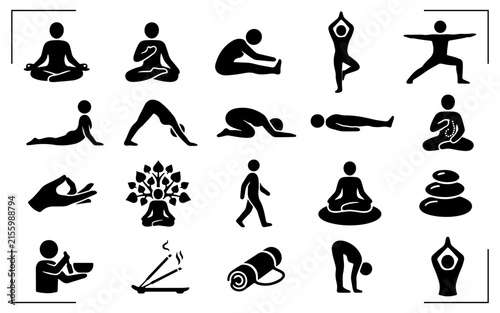Yoga practice icons set featuring black poses stretches and meditation for healthy wellness living.