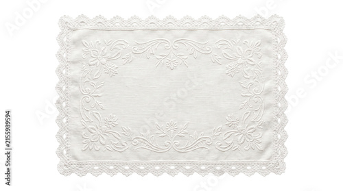 Photography White rectangular linen doily with intricate floral embroidery and lace trim on transparent background