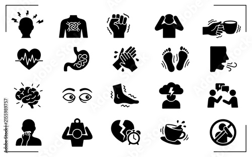 Mental health icons set featuring black symptoms of stress anxiety and depression for medical apps.