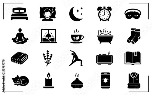 Sleep icons set with bed and alarm clock elements for healthy daily routine and relaxation guide.