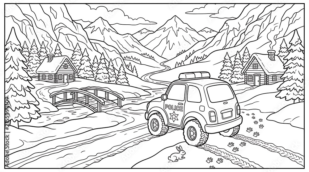 Fototapeta premium Snowy mountain village coloring page featuring a police car, log cabins, bridge, stream, and pine trees in a winter landscape setting