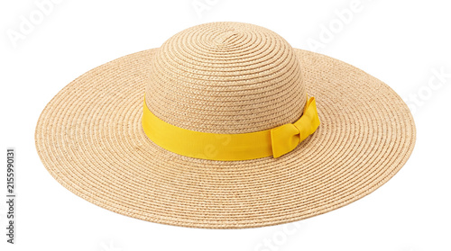 Canvastavla Woven straw sun hat with wide brim and yellow ribbon bow for sunny day outdoor fashion and travel accessory isolated on transparent