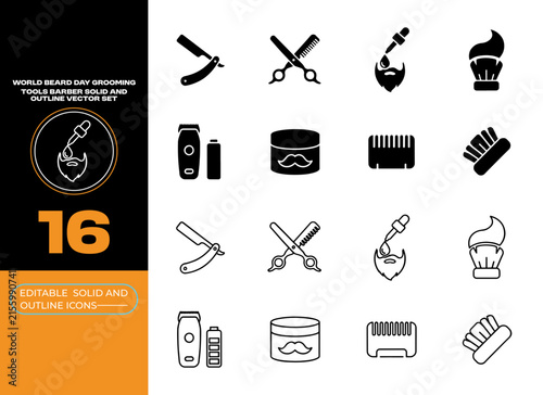 World Beard Day Grooming Tools Barber Shop Accessories Vector Set