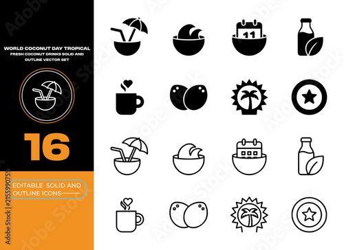 World Coconut Day Tropical Fresh Coconut Drinks Beverage Icon Set