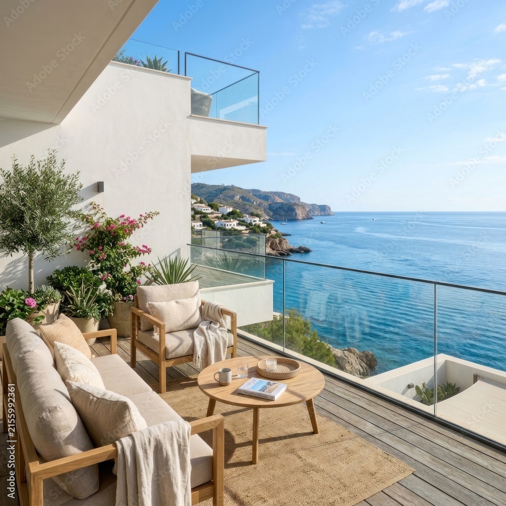 Fototapeta premium Luxury Balcony Overlooking a Serene Mediterranean Sea with Comfortable Seating.