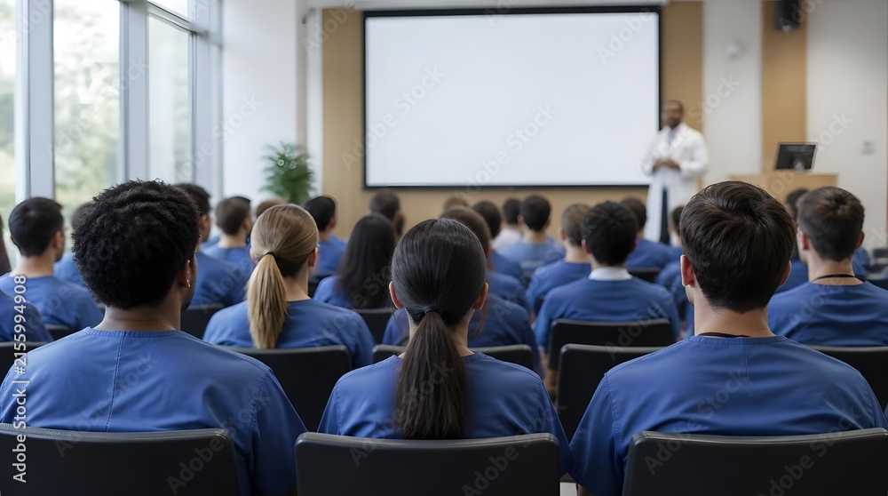 Obraz premium Diverse medical students attentively watching training presentation in modern lecture hall
