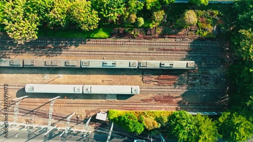 Top down aerial view of trains and railway tracks in Yogyakarta