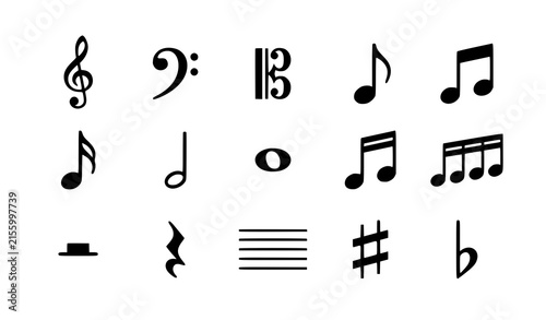 Fotografie Classical Music Notation and Musical Note Vector Icon Set Featuring Clefs Rests