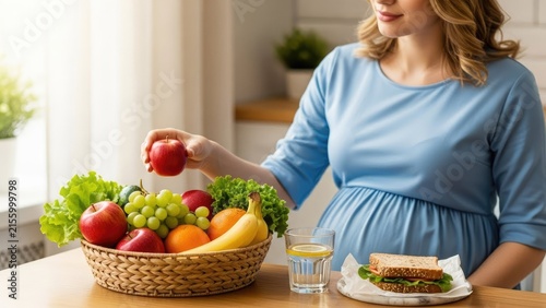 Pregnant woman choosing healthy fruit snack in a kitchen.