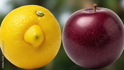 Fresh yellow lemon and red apple on green background.