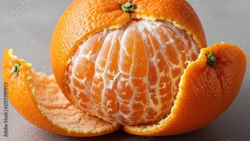 Freshly peeled orange segments in open citrus skin shell.