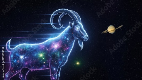Glowing Capricorn zodiac sign constellation in starry cosmic space.