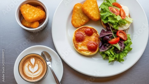 Healthy breakfast with latte, mini burger, salad, and hashbrowns.