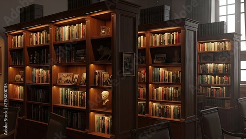 Dimly lit library with bookshelves.