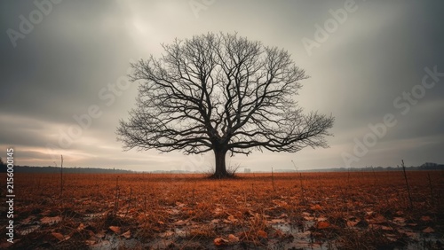 Large leafless tree standing in a field at twilight.