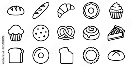 Set of various bakery and pastry icons featuring bread croissant donut cupcake cookie pretzel and sweet treats