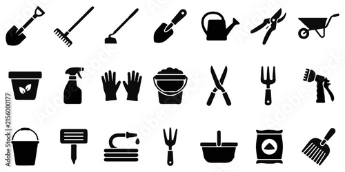 Set of black gardening tool icons representing essential equipment for landscaping planting and backyard maintenance work