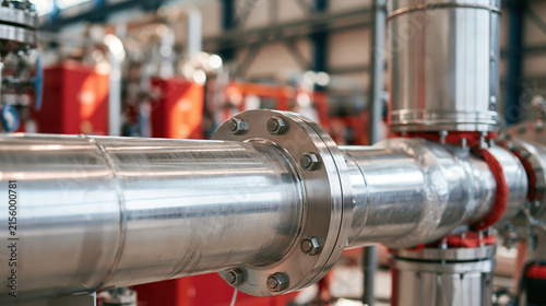 Industrial pipe flange in metal process plant with blurred machinery background and reflective steel surface