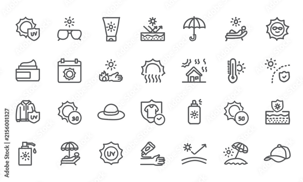 Fototapeta premium Sun protection icons set with sunscreen bottle, sunglasses, and beach umbrella. UV safety vector collection for summer vacation, dermatology, and health apps