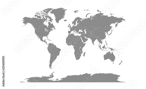 Detailed political world map vector. Country borders and continents isolated on white for geography, cartography, education and global presentations