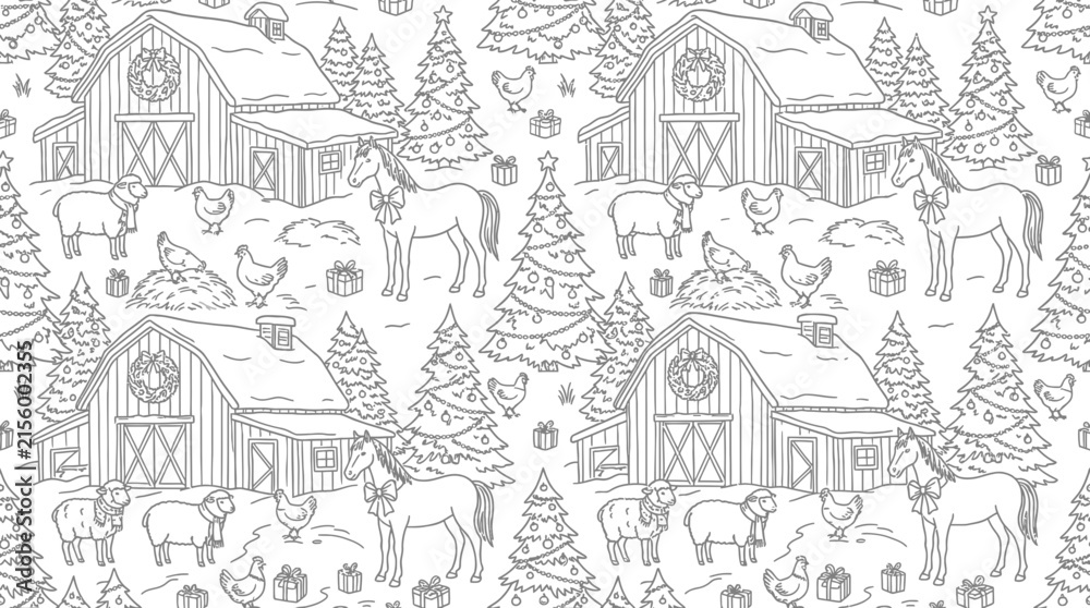 Naklejka premium Farm Christmas Scene Line Art Pattern