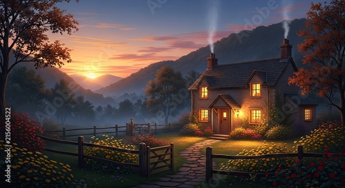 Rustic cottage in autumn mountain valley at sunset.