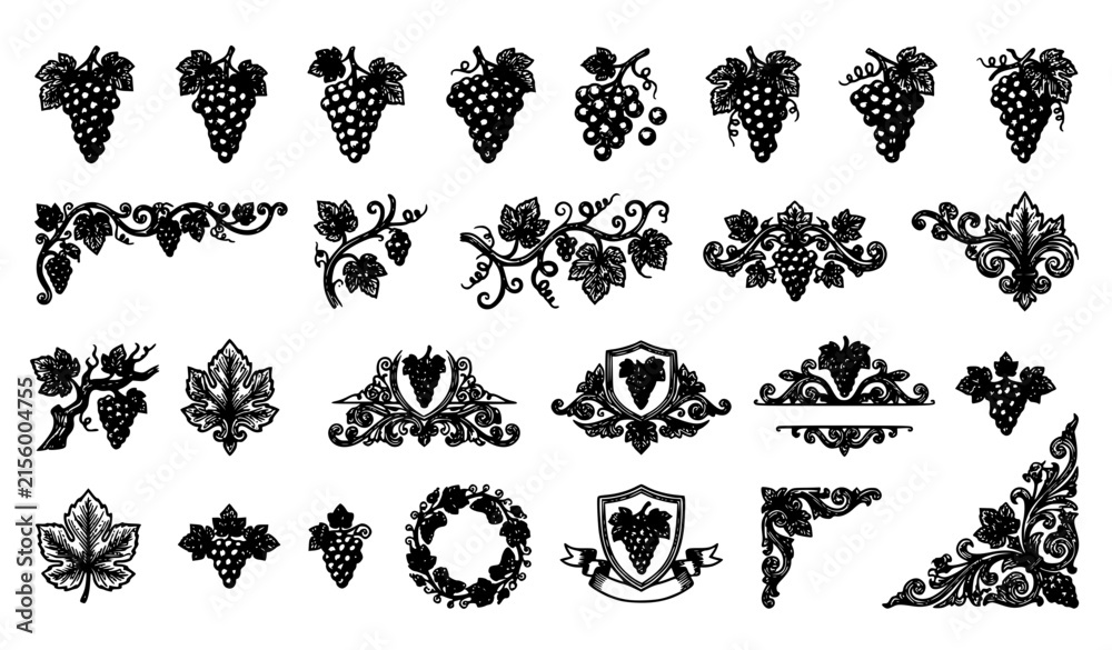 Fototapeta premium Grape Vine Icons Set Vintage Ornamental Leaves and Fruit Vector Collection