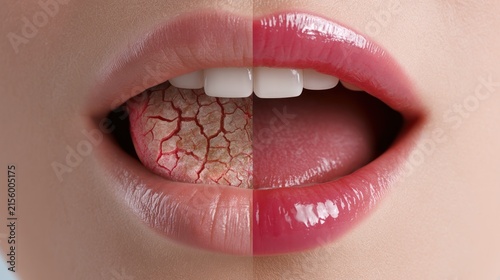 Mouth showing dry cracked tongue contrasting with healthy wet tongue