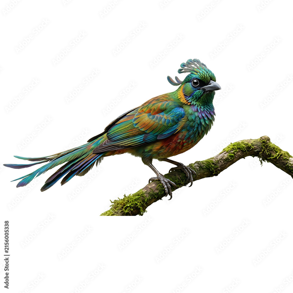 Fototapeta premium Colorful resplendent quetzal bird perched on mossy tree branch isolated