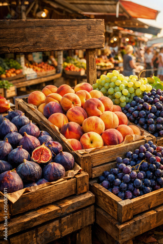 Sunlit fruit display with ripe figs peaches grapes in rustic wooden crates. Warm golden hour lighting enhances rich purple red green hues. Market background suggests local harvest organic produce