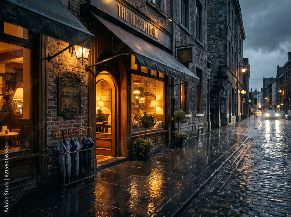 Fototapeta premium A cozy storefront illuminated by warm golden lights glows on a rainy stone street at dusk.